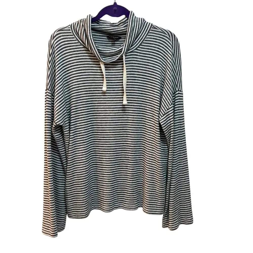 Lucky Brand Sweater Womens Large Gray Striped Cowl Neck Drawstring Knit Pullover